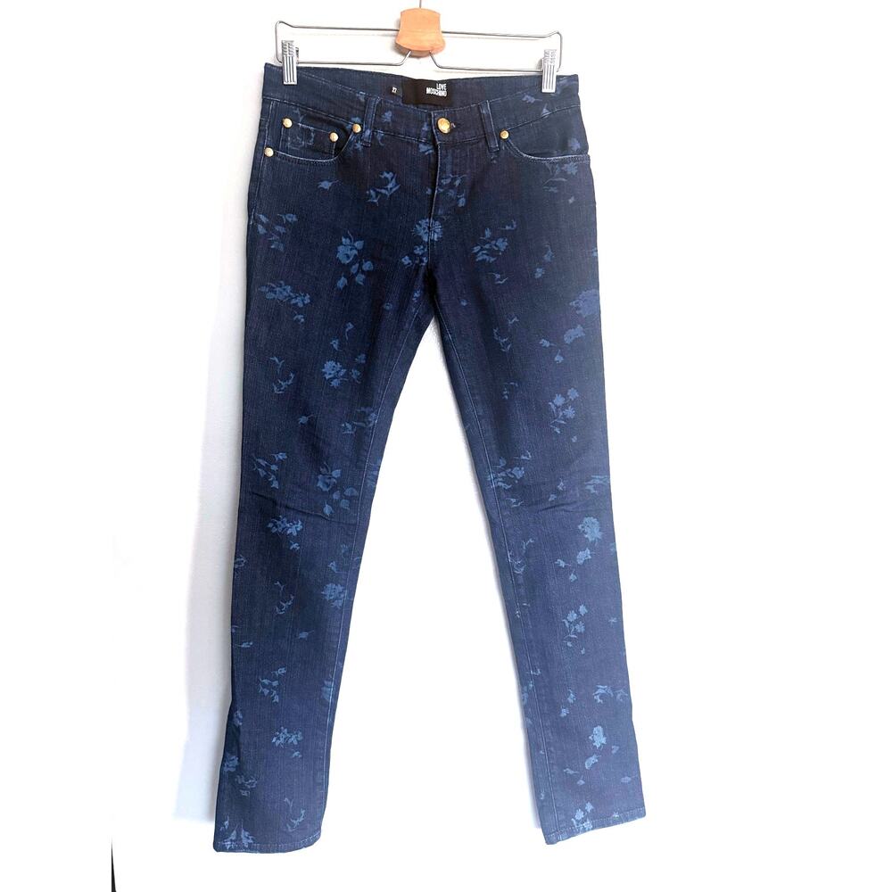 LOVE MOSCHINO blue indigo floral wash stretch cotton denim straight slim jeans